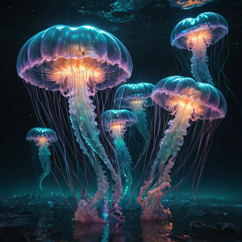 Photorealistic, colossal, iridescent, jellyfish swarm, its hyperrealistic, 4K, translucent forms revealing ultra HD, bioluminescent, cybernetic ecosystems within. Volumetric lighting from unseen, pulsating, cybernetic hearts etches the swarms ethereal, fluid architecture, casting intricate, dynamic, bioluminescent shadows on the inverted, reflective void. Cinematic lighting bathes the scene in vibrant, otherworldly hues, with lens flare emphasizing the swarms central, radiant, throbbing, iridescent heart, pulsating with captive, artificial, cybernetic energy.