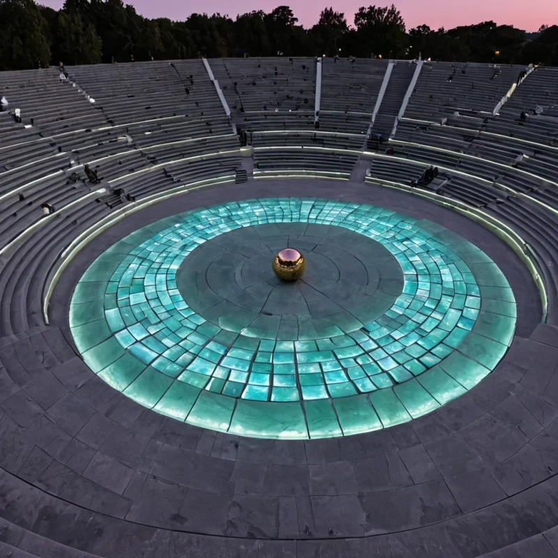 A hyperrealistic, wideangle photograph of a vast, openair amphitheater constructed from translucent, pale green sea glass, where the seats are formed by solidified, rippling waves of frozen water. In the center of the stage, a colossal, rotating armillary sphere made of polished rose quartz and gold wire hovers above a pool of iridescent oil and water, its rings spinning at different speeds to cast complex, dancing shadows. The floor of the amphitheater is a single, seamless sheet of dark, matte slate, embedded with thousands of tiny, glowing blue LEDs that pulse in a slow, rhythmic pattern, mimicking the heartbeat of the earth. Above, the sky is a deep, twilight purple, filled with swirling