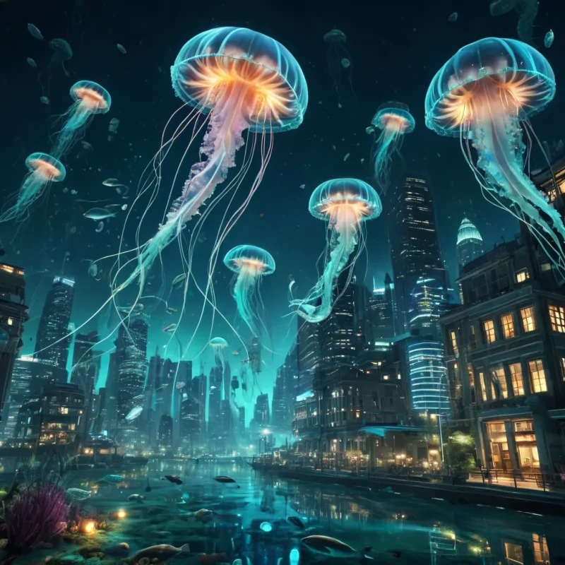 A sprawling, underwater metropolis where bioluminescent jellyfish illuminate the cityscape, their tendrils casting an ethereal glow on the aquatic architecture, while schools of neonfish dart through the crystalclear waters, hyperrealistic, ultra HD, cinematic lighting, volumetric lighting, atmospheric effects, soft focus, vibrant colors, detailed textures.