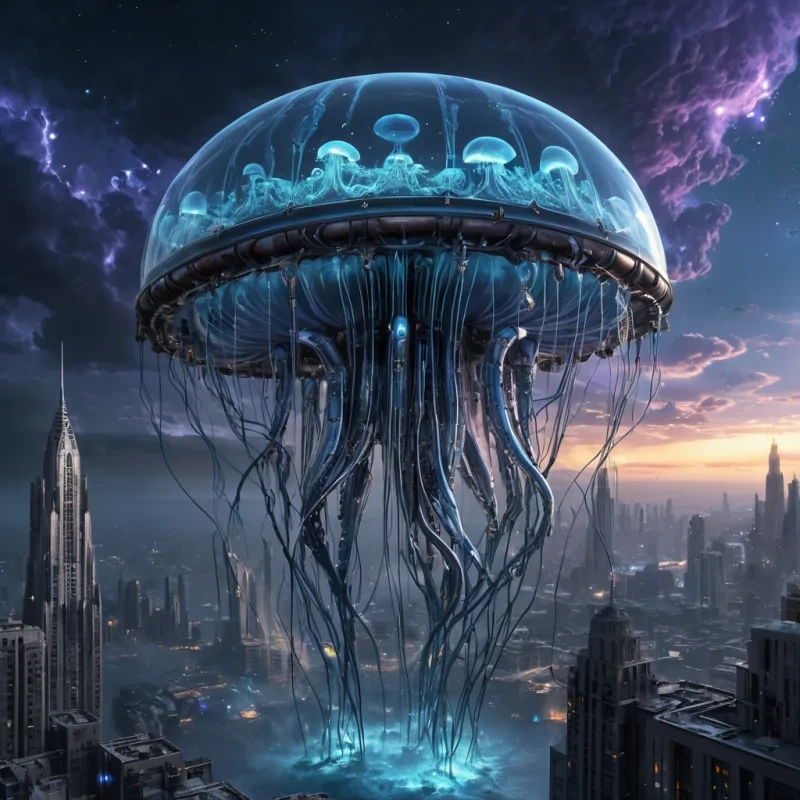 A colossal, ancient, mechanical jellyfish, its metallic tendrils pulsating with ethereal, bioluminescent light, drifts through a stormy, indigo nebula. Within its transparent, crystalline bell, a labyrinthine, neonlit cityscape sprawls, its towering, glass spires casting ephemeral shadows on the citys sentient, robotic inhabitants. Rendered in ultra HD, with dynamic lighting, atmospheric effects, and vibrant colors, evoking a sense of awe and wonder at this celestial, otherworldly metropolis.