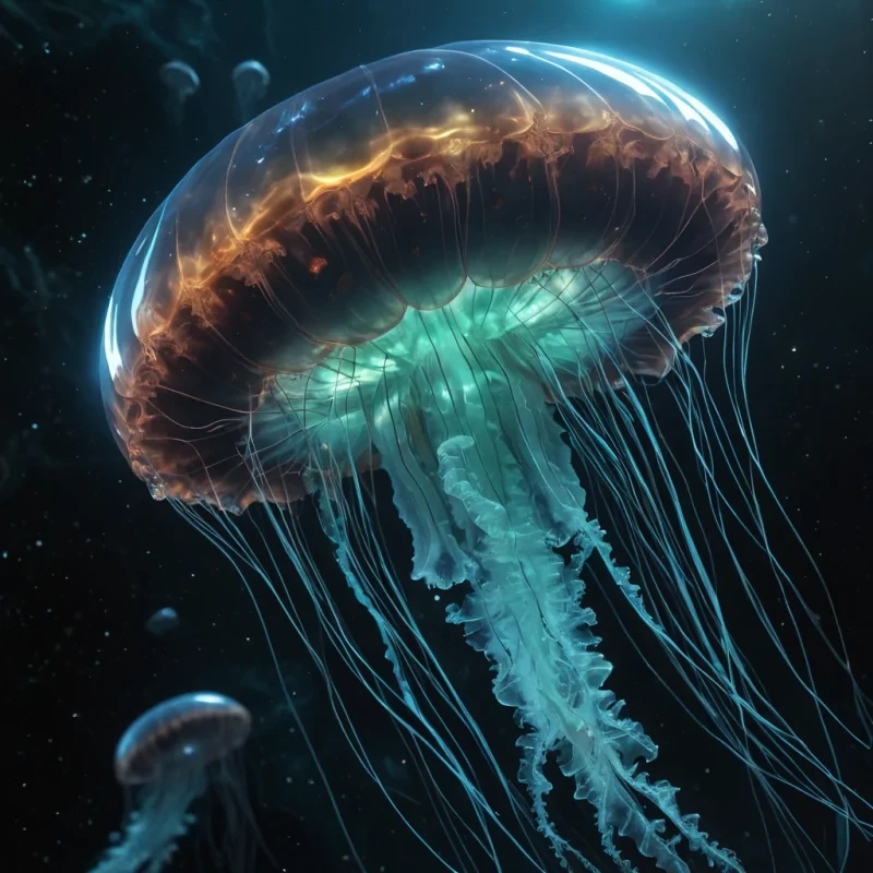 Photorealistic, colossal, gelatinous, pulsating, jellyfish spacecraft, its hyperrealistic, 4K, translucent, radial canals revealing ultra HD glimpses of a bustling, bioluminescent, extraterrestrial world within. Volumetric lighting from unseen, pulsating, cosmic cores etches the spacecrafts ethereal, fractal bell, casting intricate, dynamic, shimmering shadows on the inverted, reflective void. Cinematic lighting bathes the scene in vibrant, otherworldly hues, with lens flare emphasizing the spacecrafts central, radiant, throbbing, jellyfish heart, pulsating with captive, alien, cosmic energy.