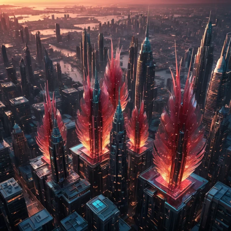 An opalescent, levitating cityscape, a harmonious blend of Art Deco and futuristic architecture, hovers above a vast, undulating sea of crimson, molten glass. Within its transparent, crystalline towers, holographic, bioluminescent flora dances, casting ephemeral shadows on the citys inhabitants sentient, mechanical birds, their metallic feathers reflecting the citys ethereal glow. Rendered in ultra HD, with volumetric lighting, atmospheric effects, and vibrant colors, evoking a sense of awe and wonder at this airborne, otherworldly metropolis.