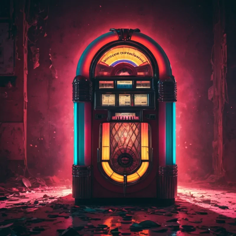 An abandoned, colossal, neonlit jukebox, swallowed by a relentless, crimson dawn, its vintage buttons casting eerie, flickering shadows. A lone, spectral figure, clad in a tattered, vintage disc jockey uniform, drifts through the desolate space, their form composed of swirling, vinyl records. Ultra HD, dynamic volumetric lighting, atmospheric lens flare, vibrant, retro colors.