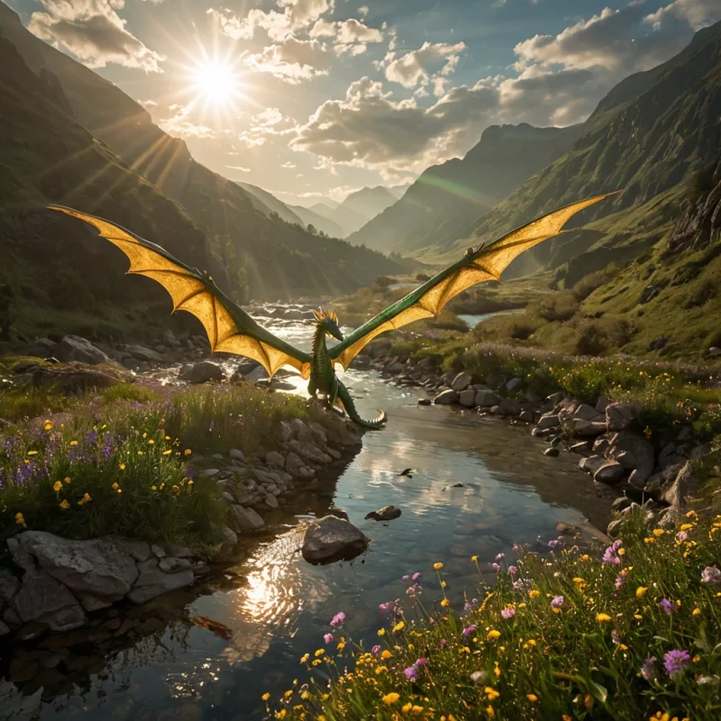 A graceful dragon with emerald scales and golden wings soars through a mistveiled mountain valley. The sunlight dances on its shimmering wings, casting radiant reflections that seem to ripple through the surrounding mist. Below, a glistening river winds through the landscape, its surface dotted with reflections of the dragons radiant wings. The rocky path along the riverbank is adorned with wildflowers, their delicate petals catching the light. The atmosphere is ethereal, with soft focus emphasizing the dragons silhouetted form against the backdrop of layered hills and distant clouds. Volumetric lighting bathes the entire scene in a warm, golden glow, while lens flare adds an extra touch of magic to the composition.