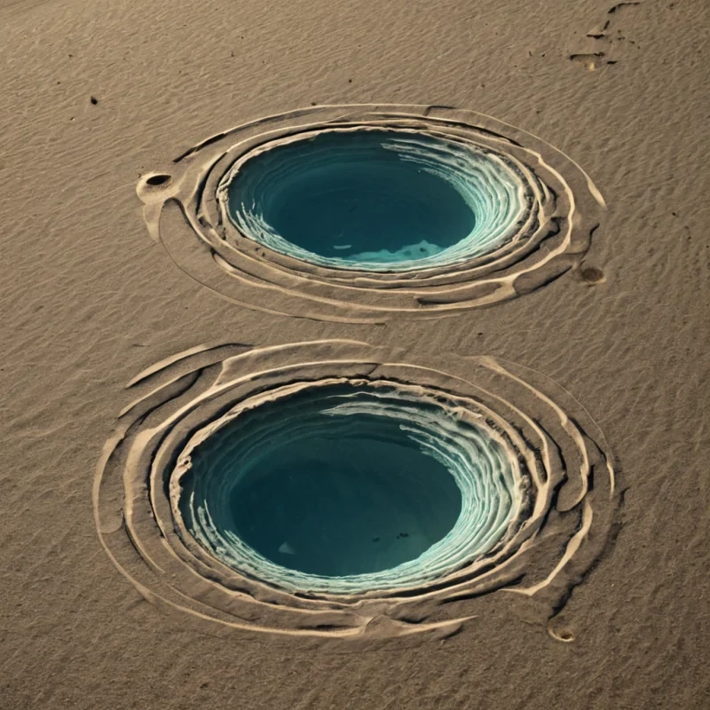 A single, selfsiphoning pool of liquid shadow, shaped like a fractalized, iridescent vortex of inverted entropy, pulses at the center of a vast, inverted desert forged from the compressed, unburied memories of a civilization that communicated through the duration of synchronized, silent forgetting of their own shadows. The pool does not drainit unshadows, each ripple dissolving a layer of presence that never coalesced into a shared silhouette, reforming into ephemeral, amethystveined afterimages shaped like the negative space between two feet that never cast the same length of darkness in the same moment of mutual absence. The desert is not aridit is a layered expanse of petrified absence, each dune