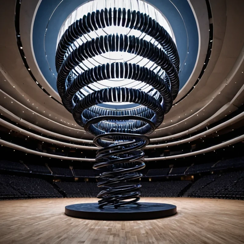 A hyperrealistic, lowangle perspective from the floor of a vast, empty concert hall, looking up at a suspended, intricate kinetic sculpture made of thousands of interlocking, matte black ceramic rings. Each ring is perfectly balanced in midair, connected by nearly invisible, taut threads of silver wire that vibrate with a faint, highpitched hum. The rings are arranged in a complex, helical spiral that ascends toward a high, skylight opening. Through the skylight, a single, thick shaft of cool, blue moonlight pours down, striking the center of the sculpture. Where the light hits, the ceramic rings emit a subtle, phosphorescent glow, turning a deep, electric violet, while the shadows cast on the