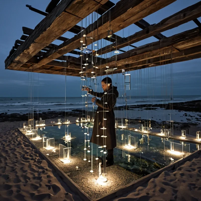 A horizontal, eyelevel medium shot of a suspended, asymmetrical library constructed from weathered, reclaimed driftwood and floating, translucent resin blocks, hovering above a calm, obsidianblack tide pool at twilight. The structures shelves are arranged in a chaotic, organic spiral, filled with glowing, sealed glass vials containing swirling, colored sands that shift hue based on ambient magnetic fields. In the center, a quiet curator with cool, slategray skin and wearing a tailored, highcollared coat made of woven, iridescent cactus fiber and brushed copper threads stands on a narrow, suspended bridge of frosted acrylic. They are holding a delicate, transparent tuning fork made of quartz, gently striking it against the air, causing the nearby sand