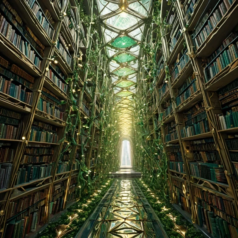 A towering, selfrepairing city built entirely from living, woven light, suspended in the upper atmosphere of a binary star system. The architecture is formed by sentient fiberoptic vines that grow and reconfigure in real time, responding to the emotional resonance of the inhabitants. Each building is a pulsating, geometric lattice of golden and emerald light, with windows that open like flower petals to reveal floating, crystalline libraries containing books made of solidified silence. The streets are paved with reflective, liquid mercury that mirrors not the sky, but the dreams of those who walk upon themprojecting shimmering, surreal landscapes that shift with each step. Above, a network of skybridges made from solidified wind connects the structures, and