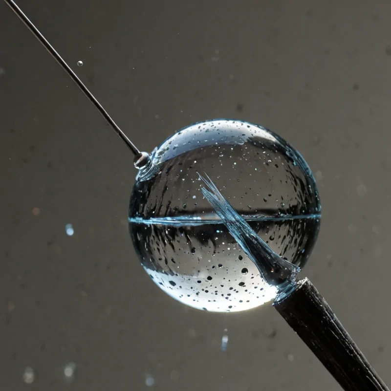 A tight, macro closeup of a suspended, translucent sphere of liquid mercury, perfectly balanced on the tip of a slender, rusted iron needle against a backdrop of deep, textured charcoal felt. Inside the mercury droplet, a complex, frozen implosion of concentric ripples is visible, refracting the light from a single, harsh, coolwhite spotlight positioned at a fortyfivedegree angle. The surface of the mercury is not smooth but dotted with microscopic, jagged crystalline inclusions of pale blue quartz that scatter the light into sharp, prismatic flares. The needle is positioned vertically, its head cropped just above the frame, emphasizing the delicate tension of the contact point where the liquid clings defying gravity. The lighting is high