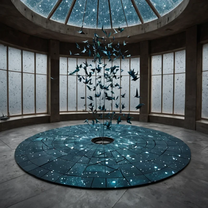 A hyperrealistic, eyelevel perspective of a serene, circular courtyard paved with matte, charcoalgrey concrete, surrounded by towering walls of raw, unpolished terracotta bricks. In the center stands a solitary, monolithic slab of frosted glass, etched with intricate, geometric constellations that glow with a soft, pale lavender light. The glass slab acts as a mirror, reflecting not the courtyard, but a vast, starfilled cosmos where nebulae swirl in shades of deep indigo and electric teal. Suspended just inches above the floor in front of the glass are dozens of floating, geometric origami cranes made from thin, translucent sheets of mica, each catching the ambient light and casting sharp, delicate shadows. The