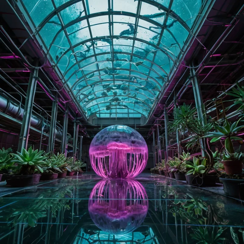 A horizontal, eyelevel medium shot of a vast, indoor hydroponic warehouse where the ceiling is a translucent membrane of bioluminescent jellyfish tentacles, casting rippling, ethereal violet and teal light patterns across the scene. The floor is a reflective pool of mercurylike liquid metal, creating a mirror image of the suspended architecture above. Floating in the center is a massive, spherical greenhouse constructed from curved, frosted silica glass panels, inside which grows a dense cluster of giant, nonflowering succulents with thick, fleshy leaves in shades of deep burgundy and electric lime. Surrounding the sphere are hundreds of slender, vertical tubes made of clear quartz, each containing a single, glowing spore that drifts slowly like