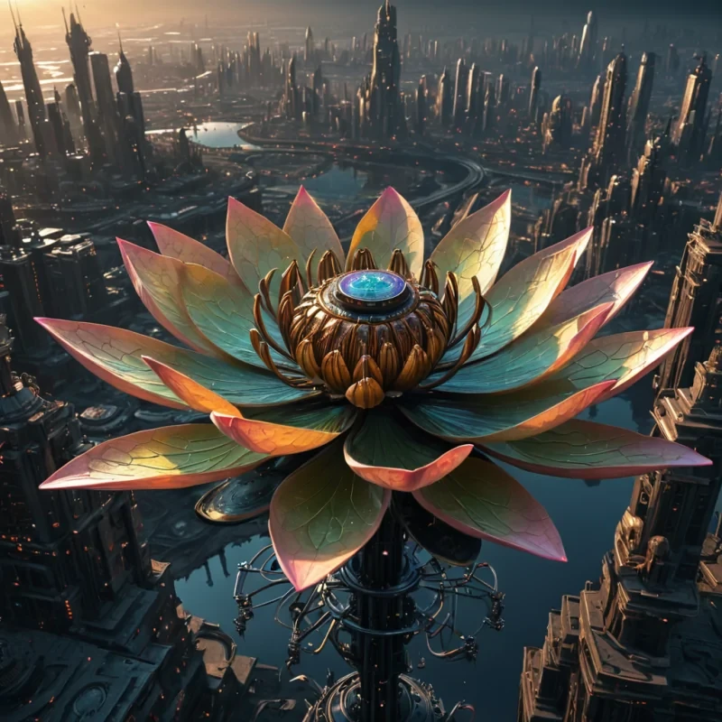 A colossal, ancient, mechanical lotus, its metallic petals unfurling to reveal a labyrinthine, neonlit city within, blooms from the heart of a vast, undulating, obsidian plain. Suspended within the lotus stamen, a holographic, sentient, mechanical swarm of dragonflies dances, casting ephemeral shadows on the citys inhabitants sentient, robotic, reptilian creatures. Rendered in ultra HD, with volumetric lighting, atmospheric effects, and vibrant colors, evoking a sense of surreal, otherworldly wonder.