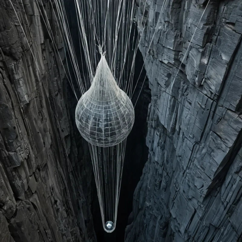 A vertical, highangle shot of a colossal, vertical library carved directly into the face of a sheer, white limestone cliff, where thousands of narrow, dark windows punctuate the smooth stone like a grid of obsidian eyes. Suspended between the cliff face and a distant, floating island of dark, porous basalt is a vast, intricate web of translucent, shimmering spidersilk bridges that vibrate with a faint, iridescent luminescence. In the center foreground, a small, spherical glass gondola glides along one of these silk threads, carrying a solitary figure dressed in a heavy, textured wool cloak of deep charcoal gray. The lighting is cool and diffused, typical of a highaltitude mist, with shafts of