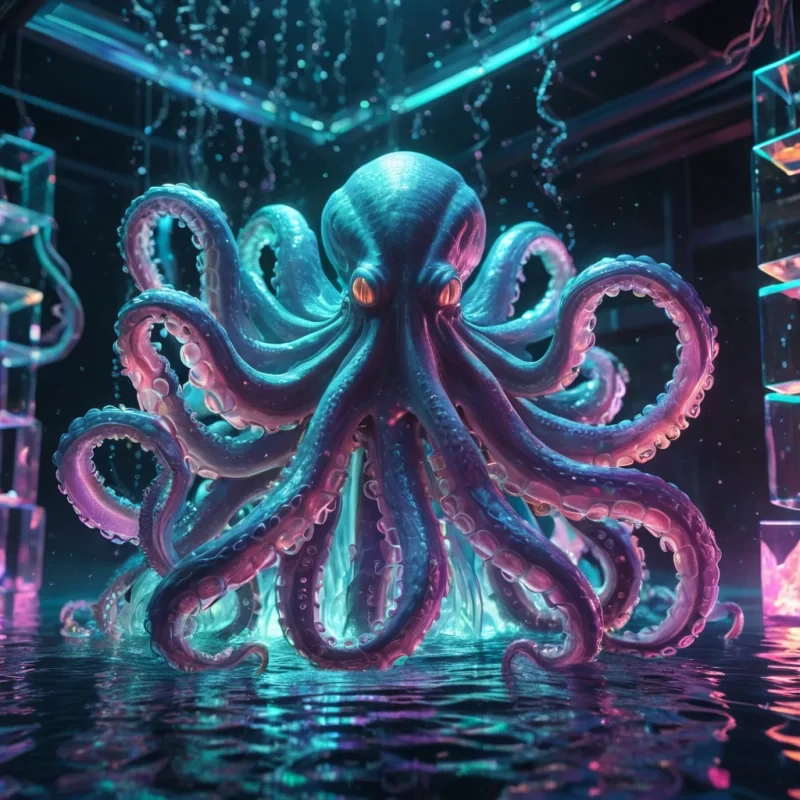 Hyperrealistic neon kraken with iridescent tentacles, gracefully weaving through a floating, geometric web of reflective, swirling pastel cubes, dynamic lighting with volumetric beams, soft focus on its ethereal, luminescent form, vibrant colors, 4K resolution, lens flare shimmering around its mystical presence in a surreal, futuristic underwater sanctuary.