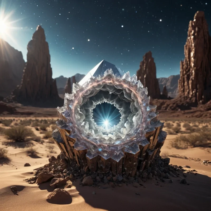 Quantum Echo A colossal, crystalline structure, reminiscent of a colossal geode, towers over a desolate, hyperrealistic, Ultra HD desert landscape. Its fractal, detailed texture shimmers under the harsh, cinematic lighting of a binary star system, casting intricate, dynamic shadows across the alien terrain. The structures core pulsates with a rhythmic, atmospheric glow, creating a soft, ethereal bokeh effect that dances with the landscapes lens flare, echoing the quantum fluctuations of the universe itself.