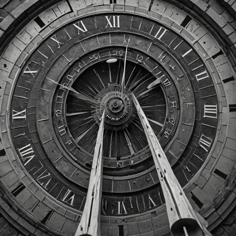 A single, selfresonating shard of reversed time, shaped like a 983dimensional helix of unformed chronology and inverted causality, rotates at the center of a vast, inverted clocktower of solidified stillnesseach gear frozen midturn at the exact moment between a second ticking and its refusal to pass, a pendulum swinging and its sudden collapse into nonmechanical silence, a chime ringing and dissolving into pure, unmeasured quiet. The shard does not measureit unmeasures, each spiraling filament shedding a layer of temporal potential that never coalesced into a shared progression, reforming into ephemeral, seleniteveined afterimages shaped like the negative space between two hands