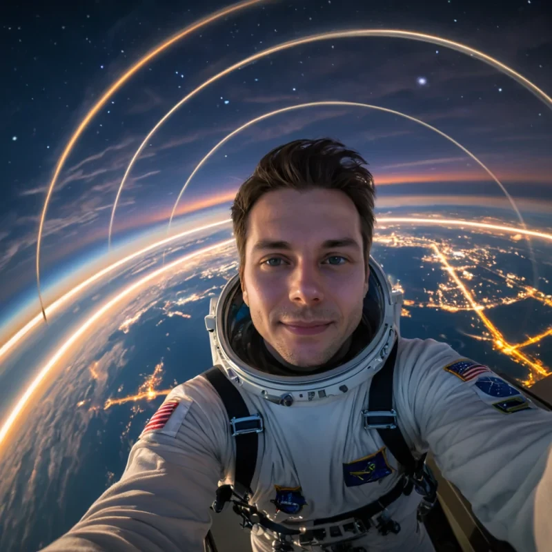 A photorealestic selfie taken from inside what appears to be zero gravity space stations observation deck at nightfall  revealing Earths curvature under layers upon layers ultraHD clouds illuminated solely via distant city lights below all captured using volumetric  atmospheric effects combined w dynamic lens flare  soft focus