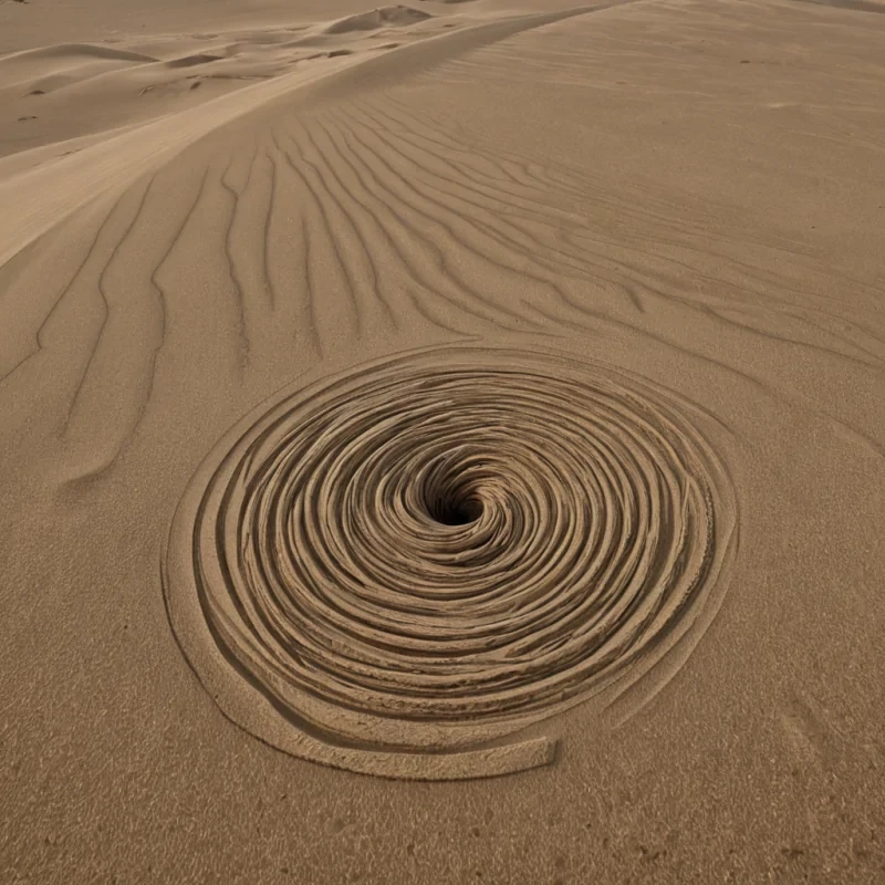 A single, selfdissolving filament of reversed gravity, shaped like a 9,873dimensional spiral of unformed weightlessness and inverted suspension, drifts through the center of a vast, inverted desert of solidified wind  each dune carved from the exact moment between a breath escaping and its refusal to disperse, a sand grain rising and dissolving into nonaerodynamic stillness, a whisper carried across miles and collapsing into pure, unmeasured nonmovement. The filament does not pull objects downward  it unpulls them, each unraveling coil shedding a layer of gravitational potential that never coalesced into tangible force, reforming into ephemeral, quartzthreaded afterimages shaped like the negative space between two
