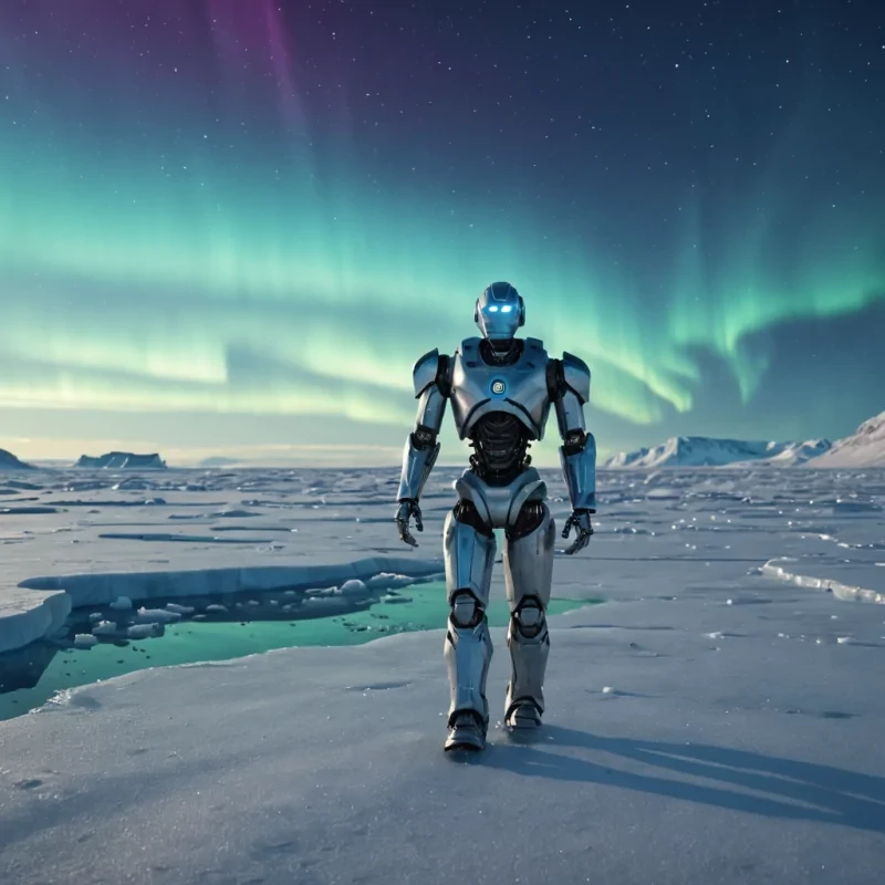 A lone robot explorer traversing a vast, icy tundra, its metallic surface reflecting the aurora above, discovering ancient, glowing artifacts scattered across the frozen landscape, hyperrealistic, 8K, cinematic lighting, volumetric lighting, atmospheric effects, dynamic lighting, bokeh effect, soft focus, lens flare, cool blues, icy whites, and mysterious purples, detailed textures.