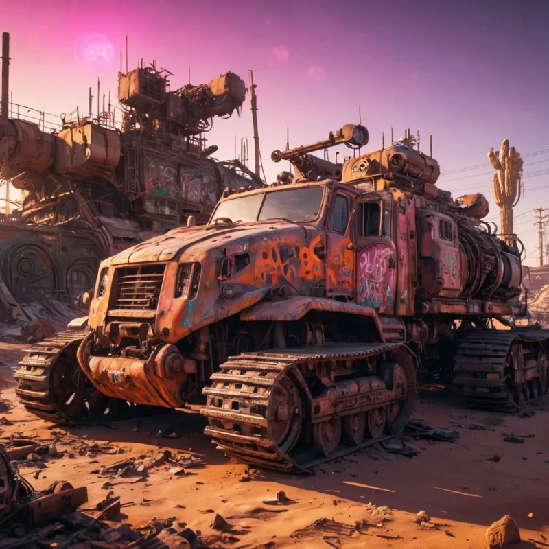 A vast, neonlit, postapocalyptic desert where colossal, rustedout machines lie dormant, their surfaces adorned with intricate, glowing graffiti, hyperrealistic, 8K, cinematic lighting, volumetric lighting, atmospheric effects, dynamic lighting, bokeh effect, soft focus, lens flare, vibrant oranges and pinks, detailed textures.