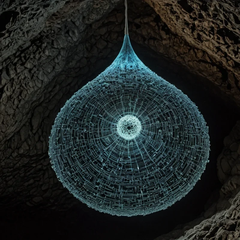 A single, iridescent spore pod made of woven, selfrepairing obsidian and solidified static hangs suspended in the center of a vast, still cavern carved from compressed, fossilized silence. The pod is not organic, but a geometric lattice of interlocking fractals that shift and reconfigure with each passing thought, its surface etched with faint, glowing glyphs that form the names of places that never existed but feel like home. Inside, instead of spores, there floats a single, pulsing droplet of condensed timea moment frozen in the exact instant a child first understood the concept of infinity, rendered in pure, crystalline light. Around it, the cavern walls are lined with veins of bioluminescent lichen