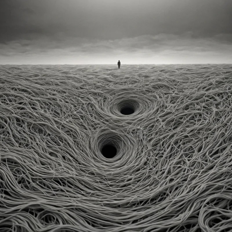 A single, selffragmenting thread of reversed dreams, shaped like a 917dimensional tangle of unformed slumber and inverted subconscious, drifts through a vast, inverted dreamscape of solidified wakefulnesseach landscape feature carved from the exact moment between a thought forming and its refusal to be imagined, a memory surfacing and dissolving into nonmental mist, a decision being made and collapsing into pure, unchosen stillness. The thread does not dreamit undreams, each unraveling strand shedding a layer of psychological potential that never coalesced into a shared narrative, reforming into ephemeral, opalveined afterimages shaped like the negative space between two eyes that never closed to enter the same