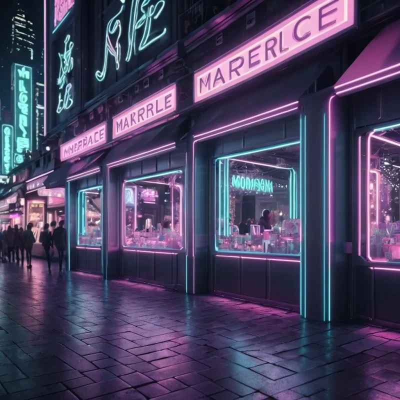 Hyperrealistic neon marketplace under the moonlight with reflective metallic stalls and holographic projections, volumetric lighting, dynamic shadows, bokeh effect, pastel tones, 4K