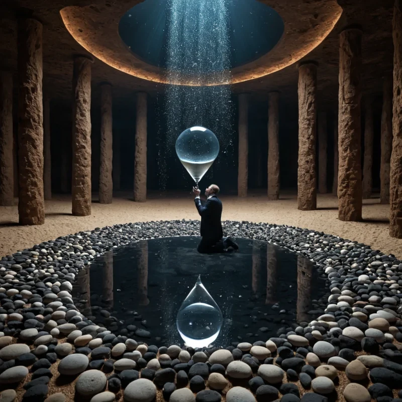 A hyperrealistic, eyelevel wide shot of a vast, subterranean plaza paved with thousands of smooth, polished river stones, each stone acting as a perfect, concave mirror reflecting a different, tiny, vibrant ecosystem from above, including dense redwood forests, arid desert dunes, and tropical coral reefs, creating a fragmented, kaleidoscopic ceiling of inverted landscapes. In the center, a solitary figure clad in a suit of woven, matteblack basalt fibers kneels on a floating platform of suspended water droplets, holding a delicate, transparent glass hourglass that contains swirling, liquid starlight instead of sand. The lighting is dim and atmospheric, with beams of cool, blue moonlight filtering down from a single, circular