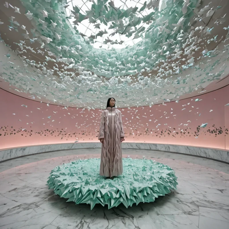 A sweeping, eyelevel panorama of a vast, indoor atrium constructed from seamless, matteblack obsidian walls that act as a perfect mirror for the floating, geometric islands above. These islands are composed of dense, porous foam in shades of soft pastel pink, mint green, and pale yellow, resembling oversized, abstract clouds. Suspended within the air between the islands are thousands of tiny, delicate paper cranes, each crafted from metallic foil that shimmers with a subtle, pearlescent glow. A solitary figure dressed in a structured, asymmetrical coat made of translucent, ribbed vinyl stands on a narrow, floating platform of polished white marble, looking upward. The lighting is cool and diffuse, emanating from hidden sources within the foam islands,