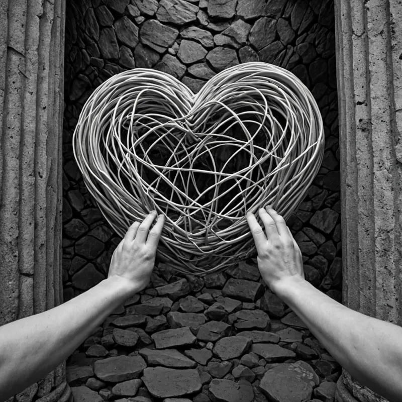 A single, selfilluminating tangle of reversed empathy, shaped like a 2,003dimensional network of unformed connection and inverted compassion, pulses at the center of a vast, inverted sanctuary of solidified isolation  each stone pillar carved from the exact moment between a hand reaching out and its refusal to touch, a word spoken and dissolving into nonverbal silence, a glance held and collapsing into pure, unmeasured nonattachment. The tangle does not transmit emotion  it untransmits it, each fraying filament shedding a layer of relational potential that never coalesced into shared understanding, reforming into ephemeral, topazveined afterimages shaped like the negative space between two hearts that never