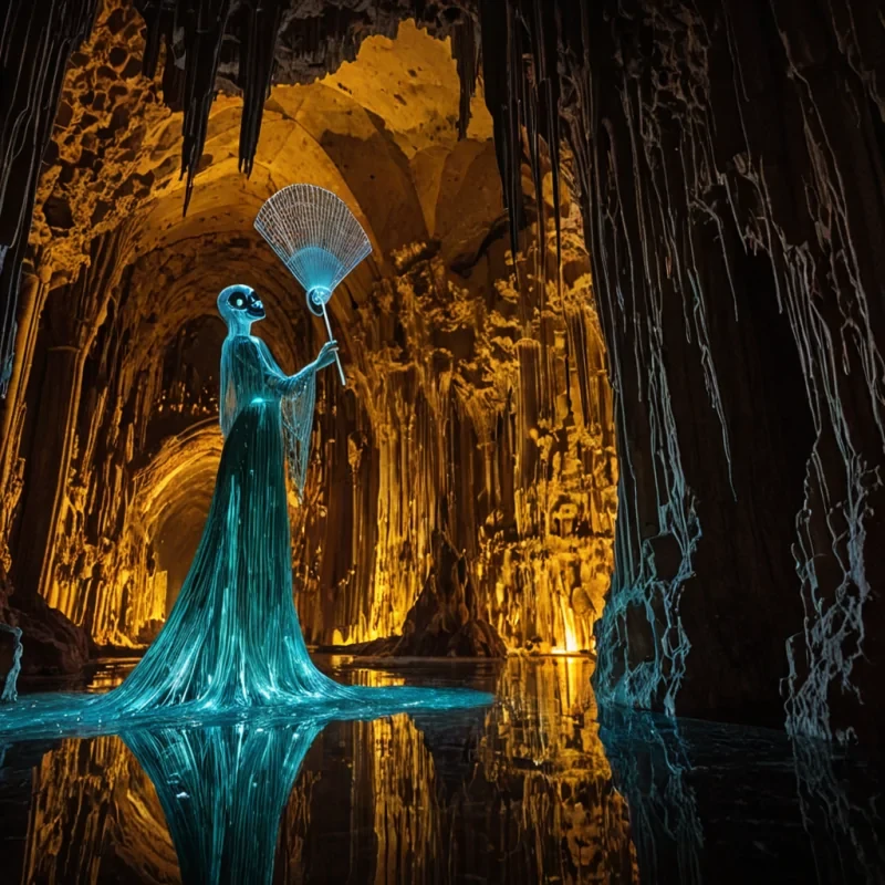 A horizontal, eyelevel wide shot of a vast, subterranean cathedral carved entirely from translucent, ambercolored geological salt formations, where the walls shimmer with internal fractures glowing in warm honey tones. The central nave is suspended over a deep, calm abyss filled with still, dark water that mirrors the ceilings intricate network of glowing, bioluminescent fungal tendrils dripping from above. In the foreground, a solitary figure wearing a flowing, iridescent gown made of woven silk threads that shift between teal and violet stands on a narrow, floating platform of polished obsidian. The figure holds a delicate, open fan crafted from thin sheets of gold leaf, catching the ambient light, while their face is obscured by a smooth, white ceramic mask with no