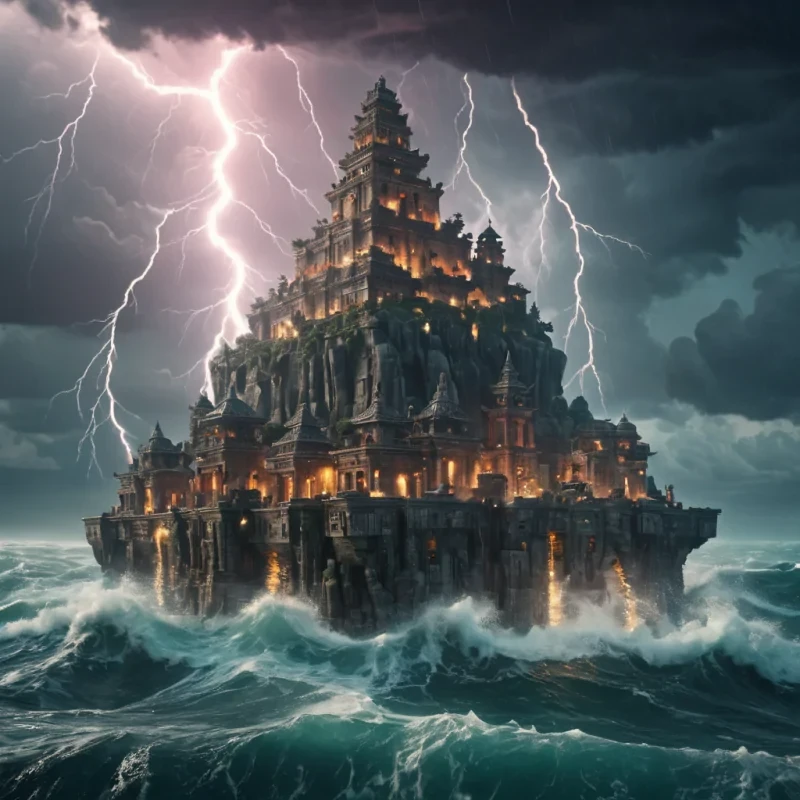 A levitating, ancient stone city floating above a stormy sea, lightning bolts striking the waves below, illuminating the citys intricate carvings, hyperrealistic, 4K, cinematic lighting, volumetric lighting, atmospheric effects, dynamic lighting, bokeh effect, soft focus, lens flare, vibrant colors, detailed textures.