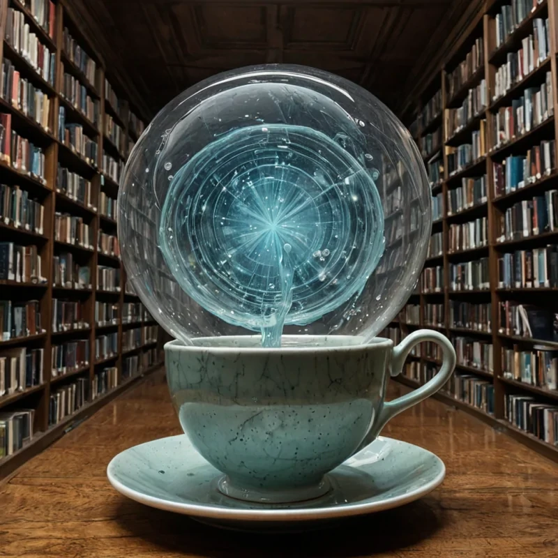 A single, iridescent teacup floats in the center of a vast, rotating library made entirely of solidified silence, its porcelain not ceramic but forged from the emotional residue of a thousand unspoken apologies, each glaze layer a different shade of regret refracting in the dim, bioluminescent light of a dying star. The cup is not emptyit holds a single, perfect bubble of compressed breath, frozen midsigh, its surface etched with the faint, trembling outline of a hand reaching for a door that never opened. The library shelves are not woodthey are crystalline structures grown from the collective, unconscious memory of a species that communicates through the weight of unshared meals, each book a hollowedout moment of solitude