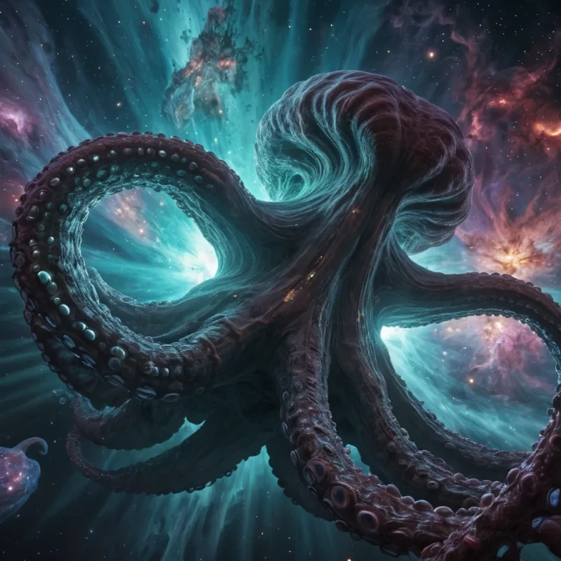 Photorealistic, colossal, undulating, nebulaswaddled, cephalopod colossus, its hyperrealistic, 4K, chitinous structures revealing ultra HD glimpses of a pulsating, bioluminescent, cosmic world within. Volumetric lighting from unseen, pulsating, nebula cores etches the colossus ethereal, fractal towers, casting intricate, dynamic, shimmering shadows on the inverted, reflective void. Cinematic lighting bathes the scene in vibrant, otherworldly hues, with lens flare emphasizing the colossus central, radiant, throbbing, cephalopod heart, pulsating with captive, alien, cosmic energy
