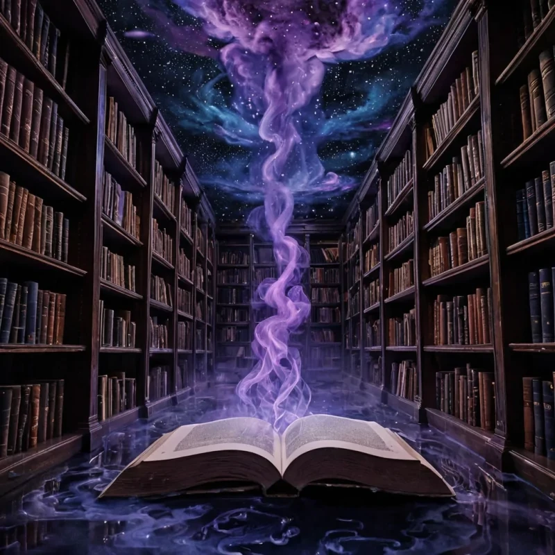 A colossal, sentient inkwell floats at the center of a vast, inverted library suspended in a nebula of liquid twilight, its obsidian surface rippling with swirling constellations that pulse in time with a silent, cosmic lullaby. The librarys shelves are made of solidified silence, each book bound in shimmering, iridescent leather that hums with forgotten melodies when touched. Between the shelves, ethereal figures crafted from condensed moonlight drift silently, their forms shifting like smoke as they rewrite the pages with breaths of stardust. The air shimmers with suspended ink droplets that refract the dim, violet glow into cascading auroras of deep indigo and molten silver. At the heart of the ink