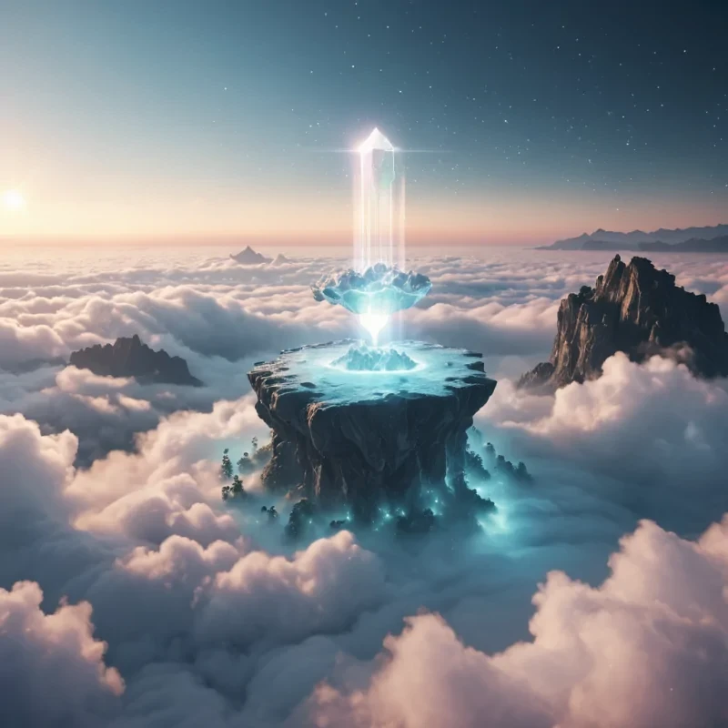 A serene, levitating island floating above a sea of clouds, adorned with luminescent crystals that cast a mesmerizing glow, hyperrealistic, 4K, cinematic lighting, volumetric lighting, atmospheric effects, dynamic lighting, soft focus, lens flare, pastel tones, detailed textures.