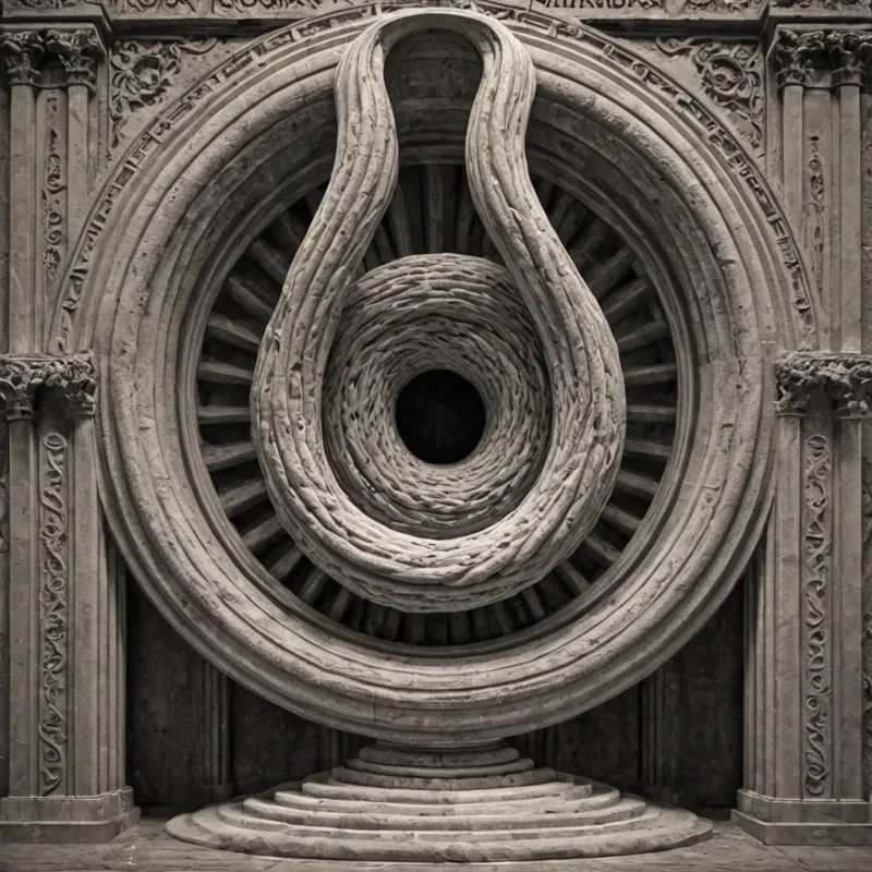 A single, selfreplicating knot of reversed silence, shaped like a 7,893dimensional Mbius torus of unformed quiet and inverted stillness, pulses at the center of a vast, inverted cathedral of solidified soundeach pillar carved from the exact moment between a word being spoken and its refusal to be heard, a whisper forming and dissolving into nonacoustic dust, a breath exhaled and collapsing into pure, unresonant emptiness. The knot does not contain silenceit uncontains it, each twisting loop shedding a layer of auditory potential that never coalesced into a shared resonance, reforming into ephemeral, amethystveined afterimages shaped like the negative space between