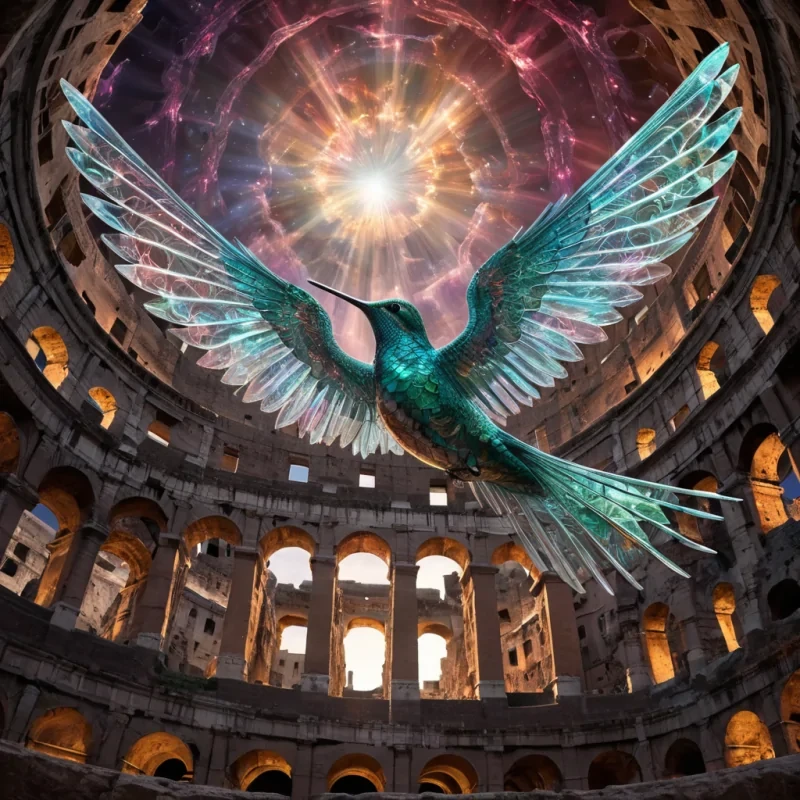 An ancient, colossal, sentient, glass and chrome colosseum, suspended in the heart of a swirling, mesmerizing, interstellar nebula, its transparent walls revealing intricate, holographic, fractal patterns that dance and pulsate with ethereal, otherworldly life. A lone, levitating, iridescent, mechanical swarm of hummingbirds, their metallic wings adorned with fractal patterns, swirls around the colosseum, casting dynamic, mesmerizing shadows under cinematic lighting. Captured in Ultra HD with vibrant colors, atmospheric effects, and a soft focus, evoking a sense of tranquil, otherworldly majesty.