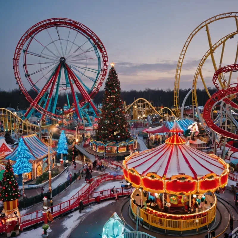 An Amusement Park at Christmas big beautiful Christmas tree surrounded by roller coaster and other rides