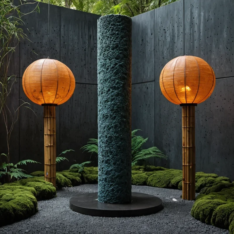A hyperrealistic, eyelevel medium shot of a serene, circular courtyard paved with irregular, porous lava rock tiles in shades of charcoal and deep rust. In the center stands a monolithic, vertical pillar of raw, unpolished concrete, embedded with a vertical slot containing a single, towering stalk of bioluminescent blue moss that glows with a soft, aquatic radiance. The moss is enclosed within a cylindrical frame of thin, translucent polycarbonate, protected from the elements. Surrounding the pillar are three large, spherical lanterns made of woven bamboo and rice paper, emitting a warm, amber light that contrasts sharply with the cool blue of the moss. The air is still, filled with a fine mist that diffuses the light