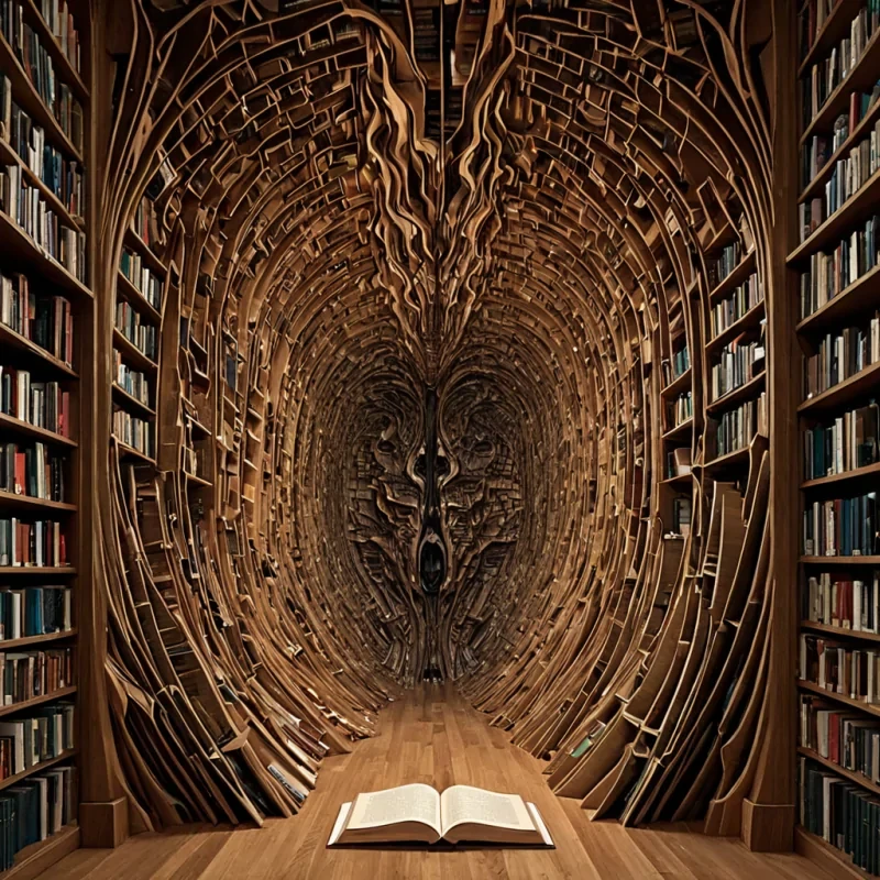 A single, selfresonating cluster of inverted silence, shaped like a 27dimensional fractal of unformed vibration and reversed acoustics, pulses at the center of a vast, inverted library of solidified breatheach bookshelf carved from the petrified instant between a word spoken and its echo swallowed, a sentence written and its meaning dissolved, a library door opened and the knowledge inside never retrieved. The cluster does not soundit unlistens, each shimmering node shedding a layer of auditory potential that never coalesced into a shared resonance, reforming into ephemeral, onyxveined afterimages shaped like the negative space between two ears that never heard the same frequency, suspended in the quiet, trembling breath