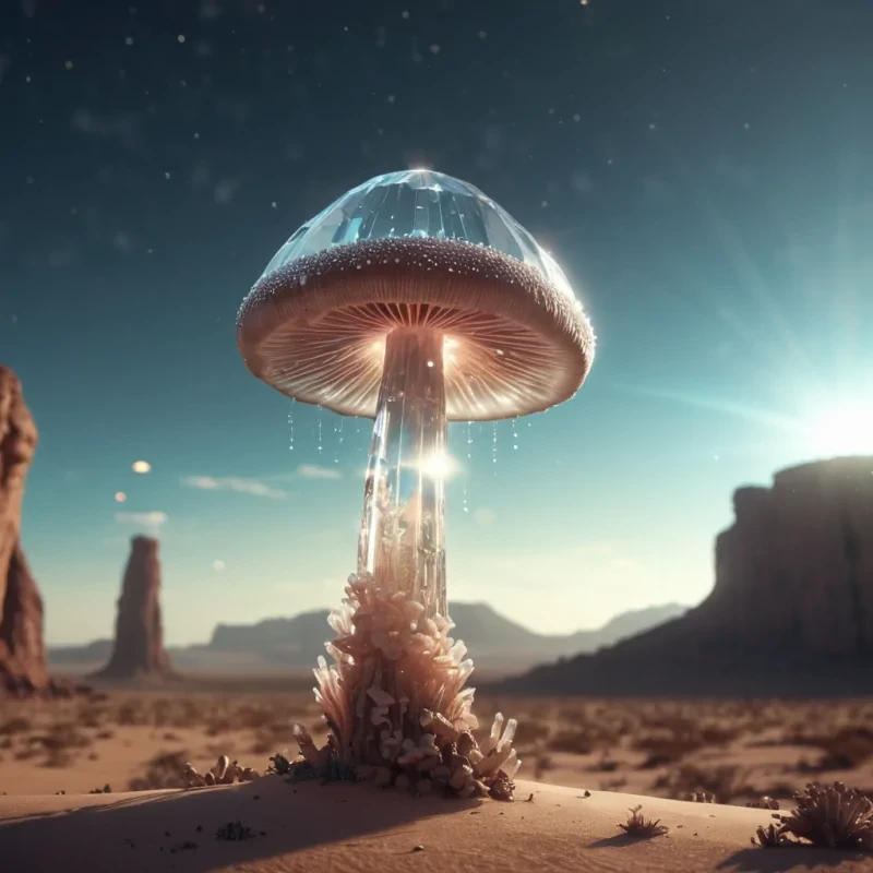 A colossal, levitating crystal mushroom with glowing spores, hovering over a vast, alien desert, its stem a towering pillar of light, hyperrealistic, 8K, cinematic lighting, volumetric lighting, atmospheric effects, dynamic lighting, bokeh effect, soft focus, lens flare, neon tones, detailed textures.
