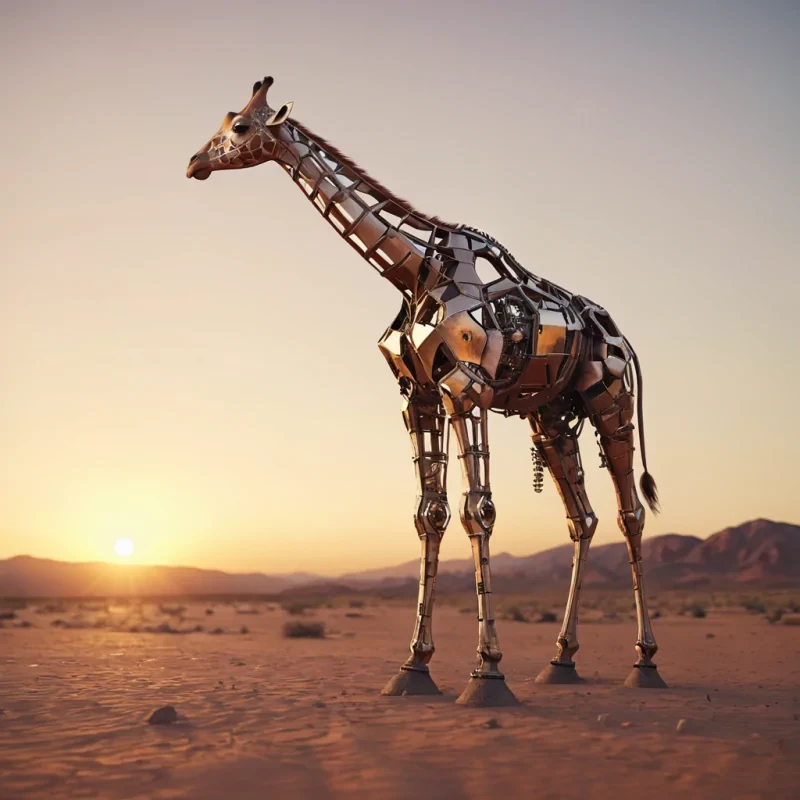 A lone, mechanical giraffe wandering through a vast, arid desert at sunset, its metallic body reflecting the warm hues of the setting sun, hyperrealistic, ultra HD, cinematic lighting, volumetric lighting, atmospheric effects, dynamic lighting, bokeh effect, soft focus, lens flare, pastel tones, detailed textures.