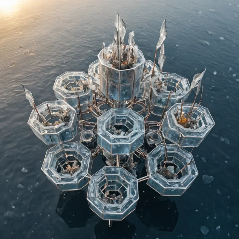 A horizontal, highangle aerial view of a sprawling, geometric urban grid constructed entirely from floating, semitransparent hexagonal platforms of frosted ice and brushed aluminum, suspended over a deep, turbulent sea of liquid nitrogen in shades of pale blue and white vapor. Each platform hosts a distinct, miniature ecosystem or architectural element some feature towering, spiral towers of woven copper wire that hum with warm, amber light others contain dense clusters of crystalline flora with translucent, prismlike leaves that refract the cold ambient light into rainbows. In the center, a massive, circular structure made of polished obsidian acts as a magnetic anchor, holding the grid together while emitting vertical beams of coherent white light that pierce the thick, swirling mist below. A solitary