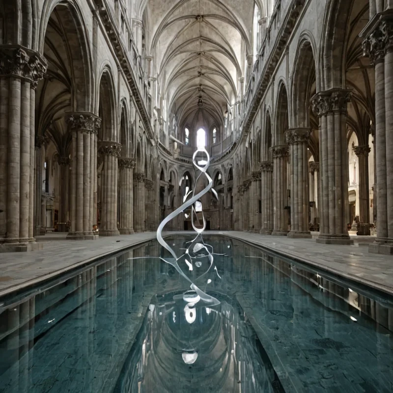 A single, selfreflecting pool of liquid time, shaped like a 3dimensional Mbius ribbon of inverted chronology and unformed continuity, lies suspended in the center of a vast, inverted cathedral built from the petrified moments of a civilization that measured history not by events, but by the duration of synchronized, breathless pauses held just before the first second was ever allowed to pass in a world where time was never permitted to flow. The pool does not rippleit unmeasures, each surface tension shedding a layer of temporal potential that never coalesced into a shared narrative, reforming into ephemeral, hematitethreaded afterimages shaped like the negative space between two hands that never touched during the same heartbeat of a universe