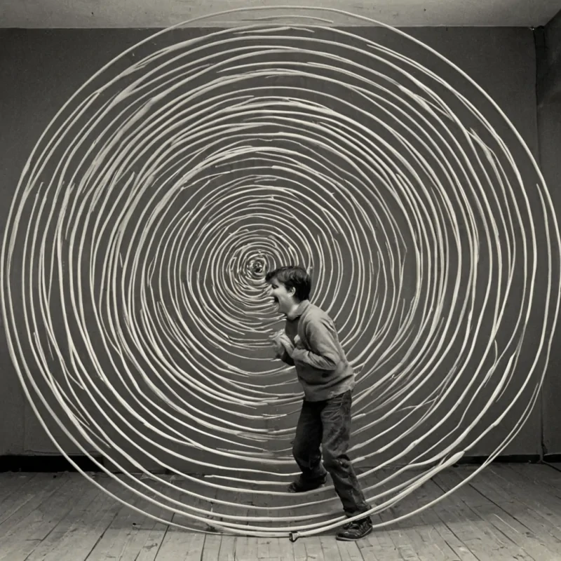 A single, selfoscillating filament of reversed laughter, shaped like a 7,309dimensional spiral of unformed mirth and inverted joy, pulses at the center of a vast, inverted theater of solidified sorrow. Each coil is spun from the exact moment between a chuckle forming in the throat and its refusal to escape, a joke being told and dissolving into nonhumor, a childs giggle echoing in an empty room and collapsing into pure, unmeasured nonlevity. The spiral does not amplify soundit unamplifies it, each vibrating strand shedding a layer of euphoric potential that never coalesced into rhythm, resonance, or shared delight, reforming into ephemeral, cit