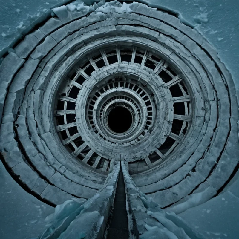 A single, pulsating knot of woven silence and solidified moonlight rests at the center of a vast, inverted clocktower built inside a hollowedout glacier, its structure not vertical but spiraling downward like a wound that never closed. The knot does not vibrateit remembers, emitting faint ripples of compressed time that travel not through air, but through the fabric of unspoken apologies, each ripple forming the shape of a door that was never opened. The clocktowers gears are not metalthey are layers of petrified breath, arranged in a spiral that spirals inward like a breath held too long, each cog glowing faintly with the afterimage of a phone call that never ended. Above, the ceiling is not sky