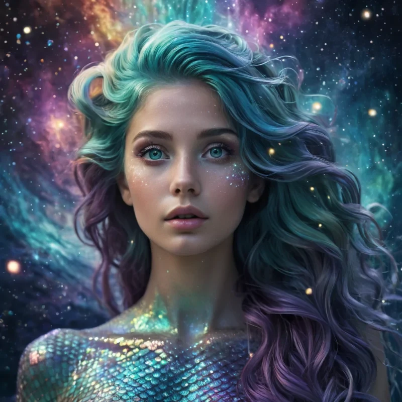 A hyperrealistic, 4K, ultra HD portrait of a celestial mermaid, her iridescent scales shimmering with the hues of a supernova. Her eyes, a swirling vortex of cosmic light, hold the secrets of the universe. The mermaids hair, a cascade of shimmering stardust and nebula fibers, gently pulses with an otherworldly glow. The background is a surreal, nebulainspired underwater landscape of swirling, ethereal hues, with distant galaxies and cosmic phenomena casting a soft, celestial glow. Cinematic lighting accentuates the mermaids celestial features, while a subtle bokeh effect blurs the cosmic backdrop, creating an enchanting atmosphere.