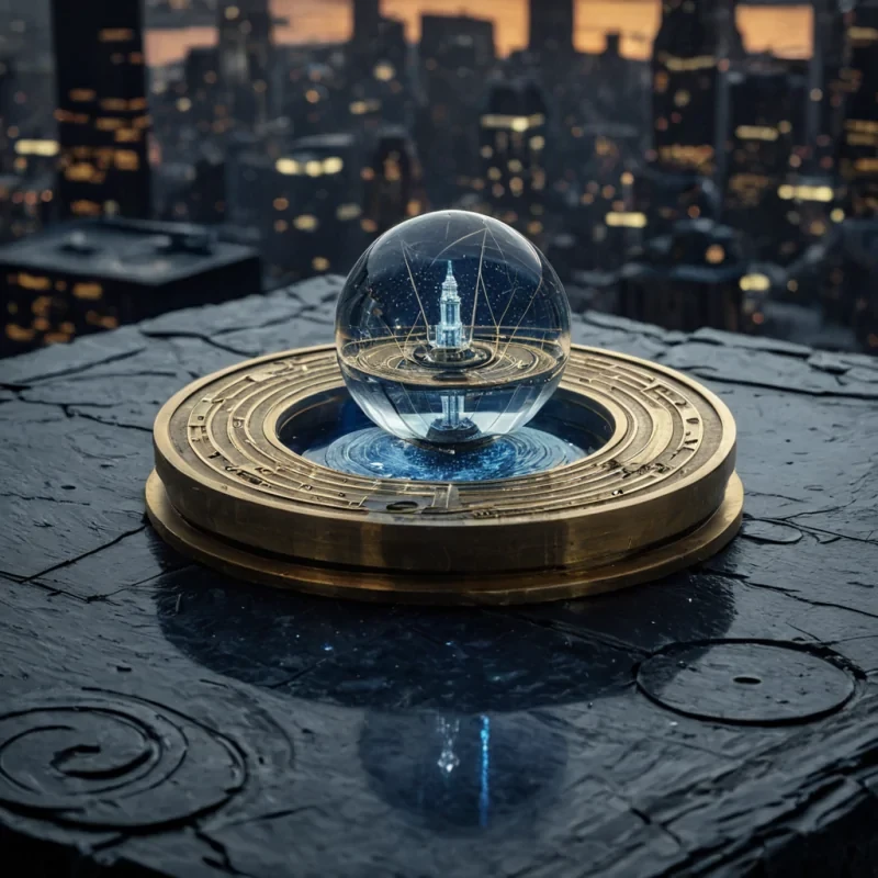 A hyperrealistic, macrolevel shot of a solitary, vintage brass astrolabe resting on a surface of rough, textured slate, where the intricate concentric rings have been replaced by swirling, liquid mercury that reflects a miniature, hyperdetailed cityscape of floating glass towers connected by slender, glowing fiberoptic bridges. The central pivot point is a flawless, faceted diamond that emits a soft, warm amber glow, illuminating the microscopic textures of the mercurys surface tension and the fine dust particles dancing in the air around it. The background is a deep, velvety indigo void, creating a stark contrast that emphasizes the metallic sheen and the ethereal, dreamlike quality of the reflected future city. The lighting is dramatic and
