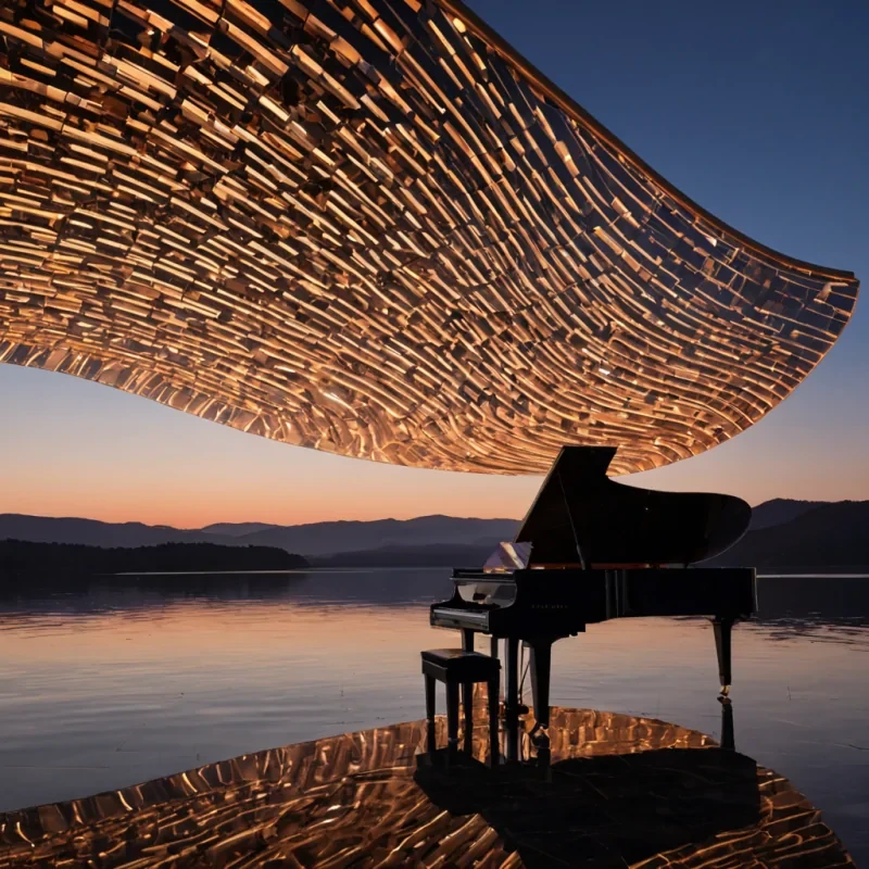 A horizontal, eyelevel wide shot of a vast, openair concert hall constructed from layered sheets of translucent, amberhued resin, suspended over a calm, mirrorlike lake reflecting a twilight sky in gradients of deep indigo and soft peach. The architecture features sweeping, wavelike arches that seem to flow seamlessly from the waters edge, with embedded LED strips tracing the structural curves in a rhythmic pattern of warm gold light. In the center, a massive, floating grand piano made of polished, matteblack obsidian plays autonomously, its keys depressed by invisible, shimmering tendrils of holographic data that ripple outward like sound waves. In the foreground, a figure wearing a flowing, avantgarde gown made of iridescent,